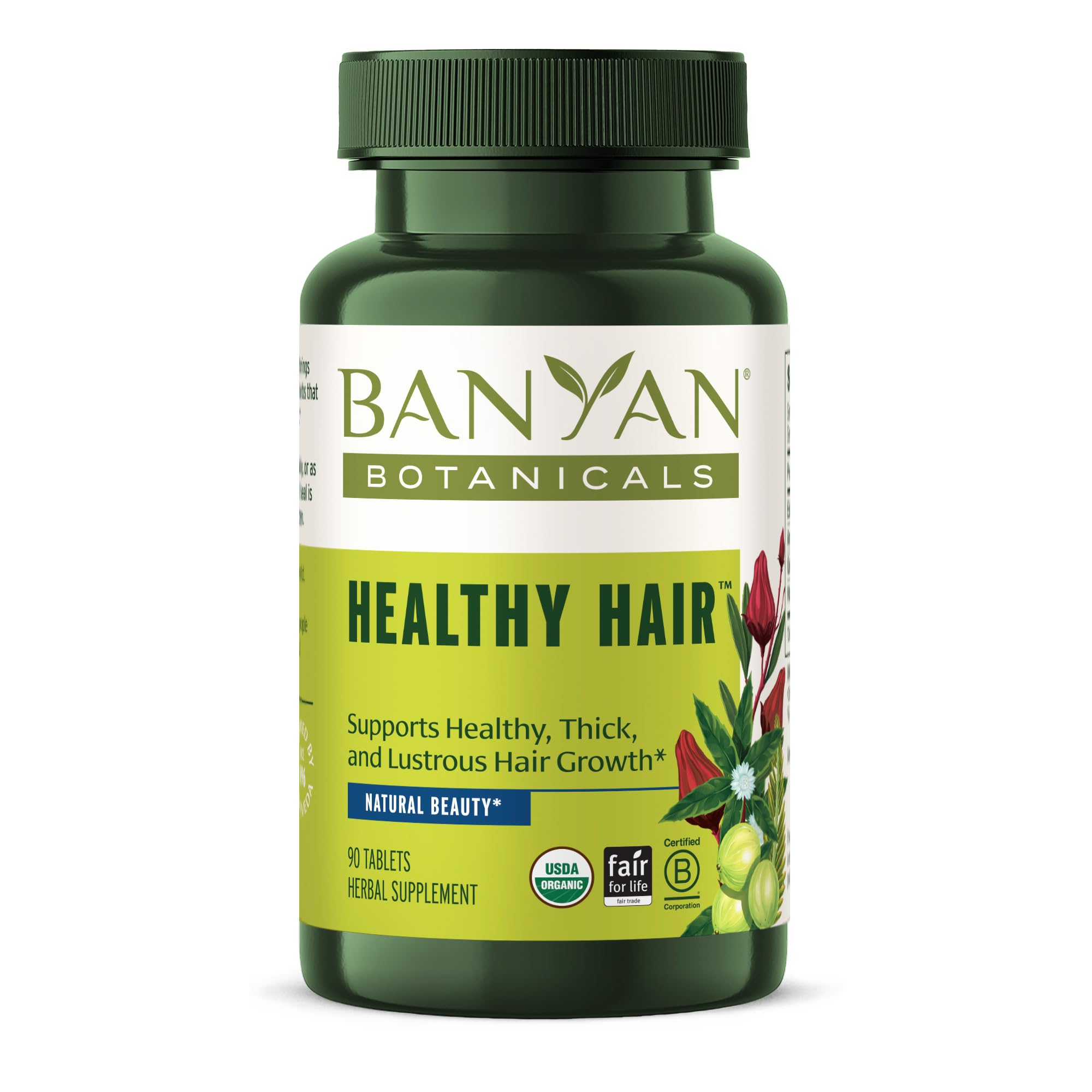 Banyan Botanicals Healthy Hair Tablets bottle front for natural hair support.