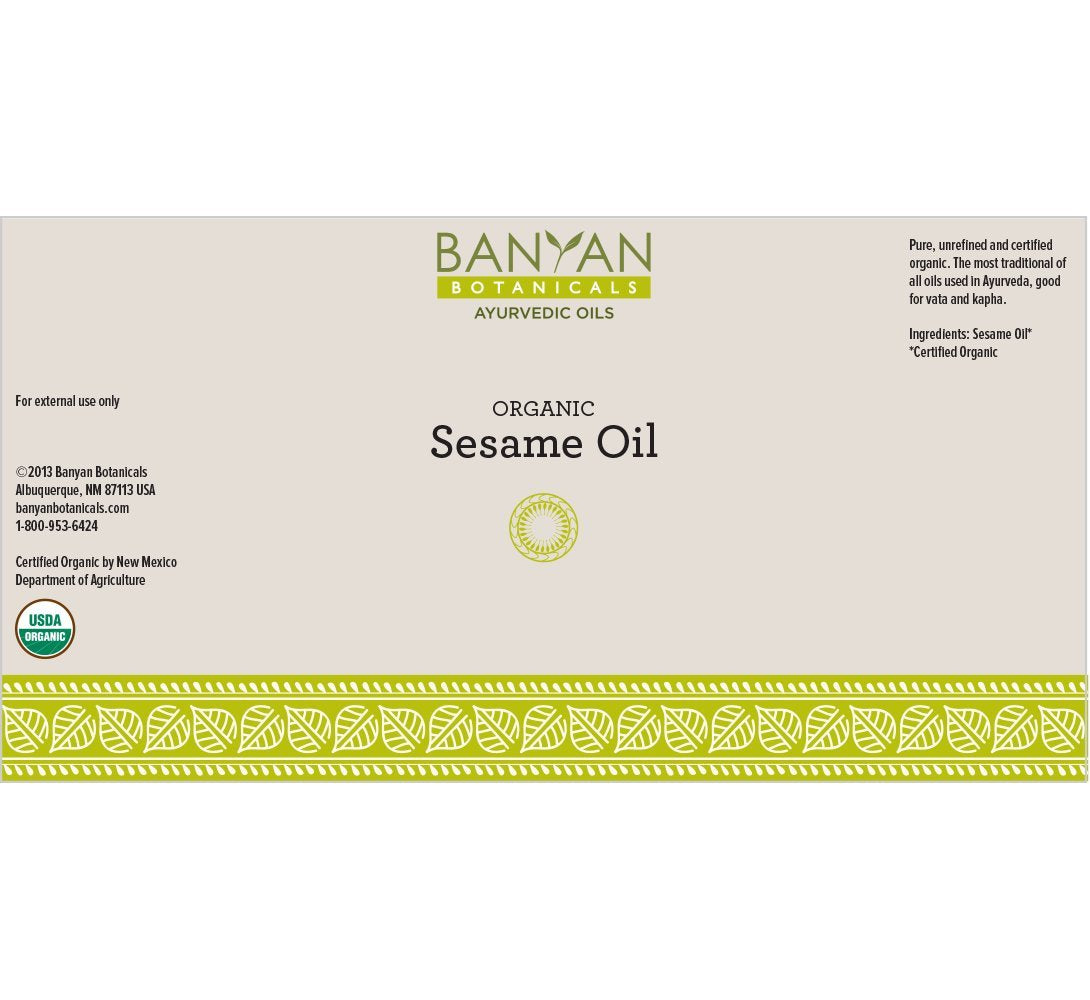 Banyan Botanicals sesame oil amber glass jar highlights pure unrefined quality.