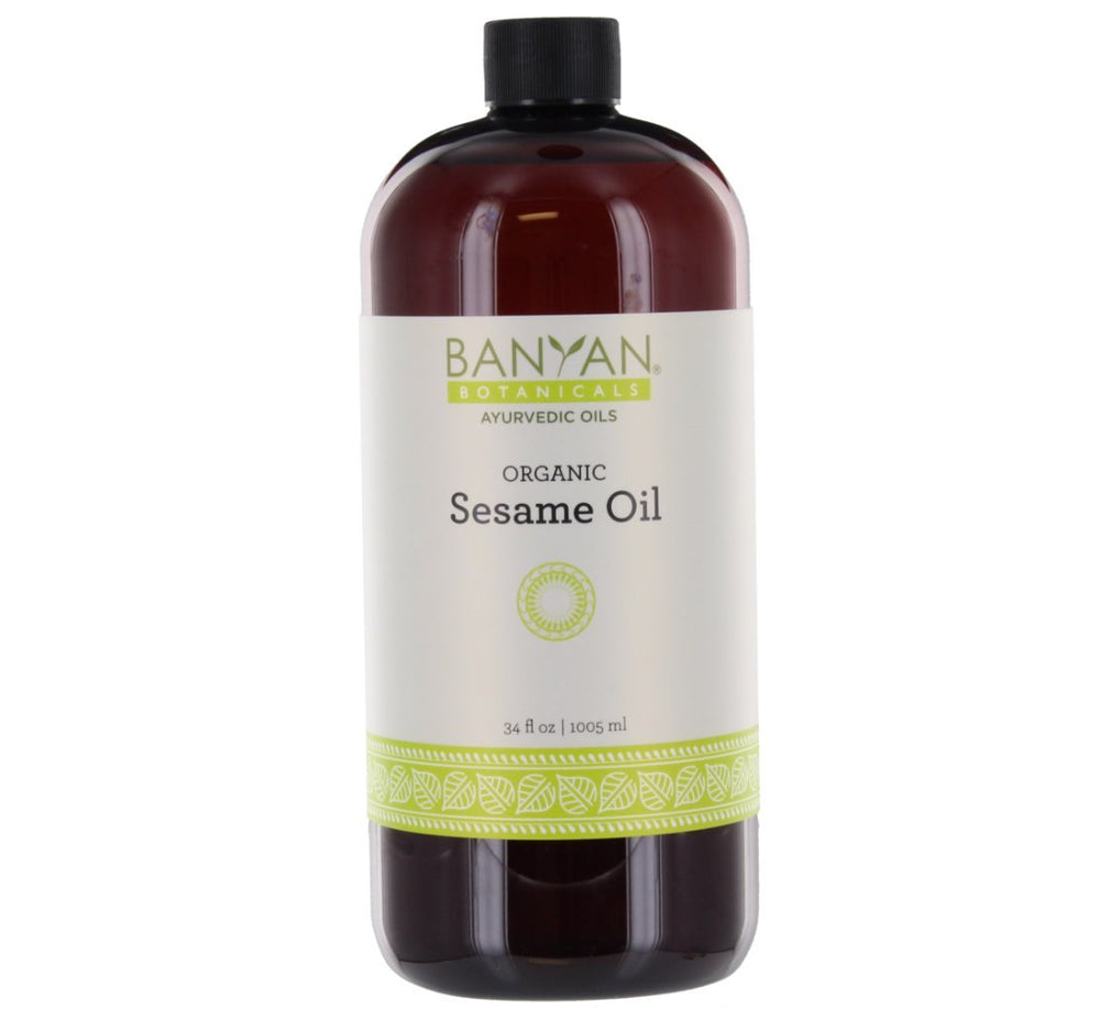 Banyan Botanicals sesame oil bottle 34oz for skin, hair, and oil-pulling routines.