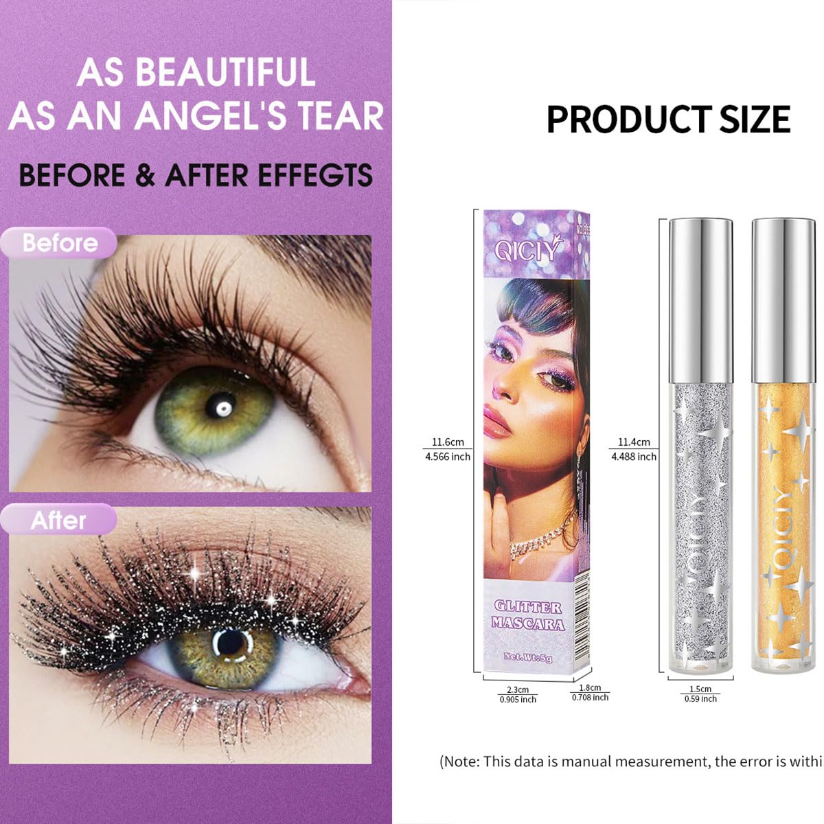 Baorder purple glitter mascara look for party-ready, colorful lashes.