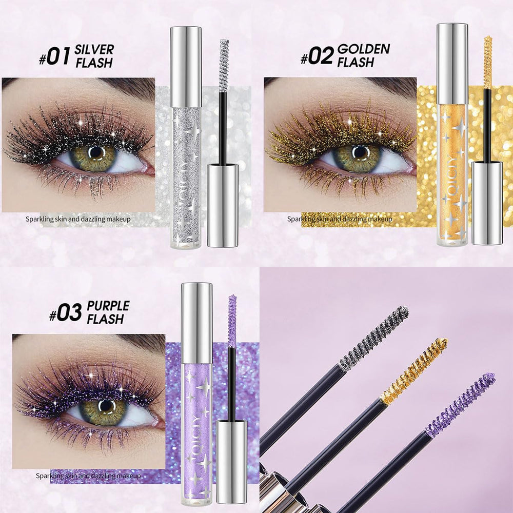 Baorder silver glitter mascara on lashes delivers sparkling, long-lasting definition.