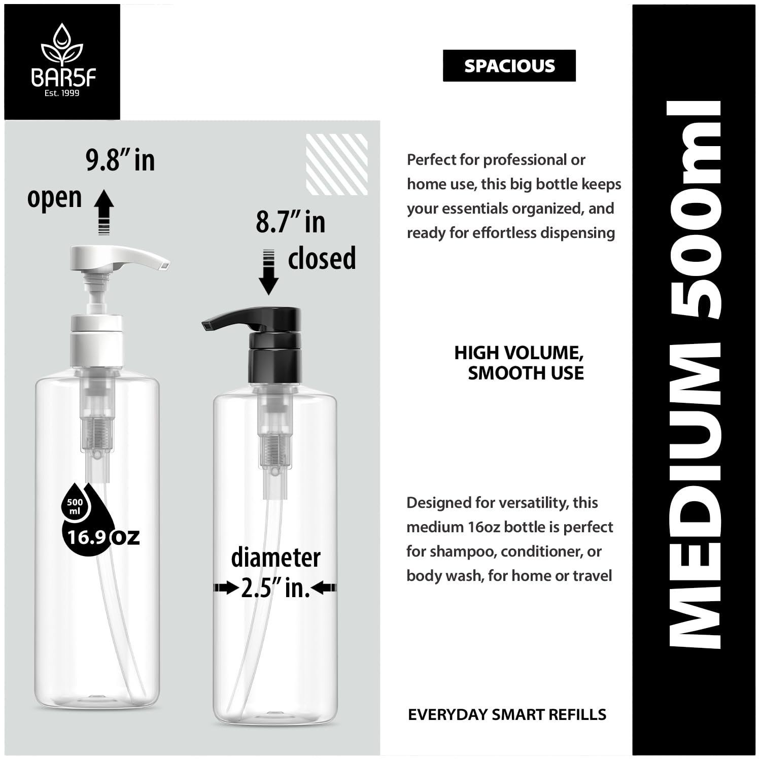 Bar5F 16oz clear-lotion-bottle with pump closed for tidy storage.