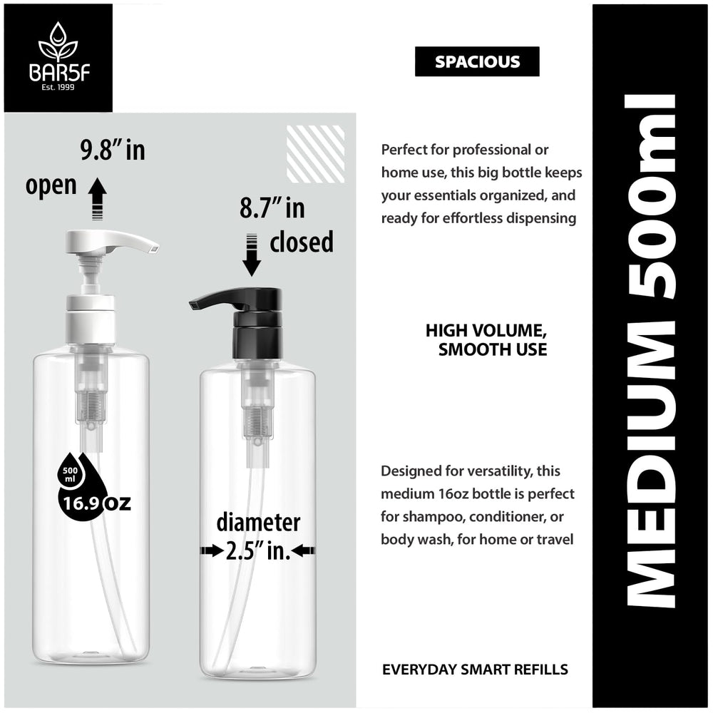 Bar5F 16oz clear-lotion-bottle with pump closed for tidy storage.