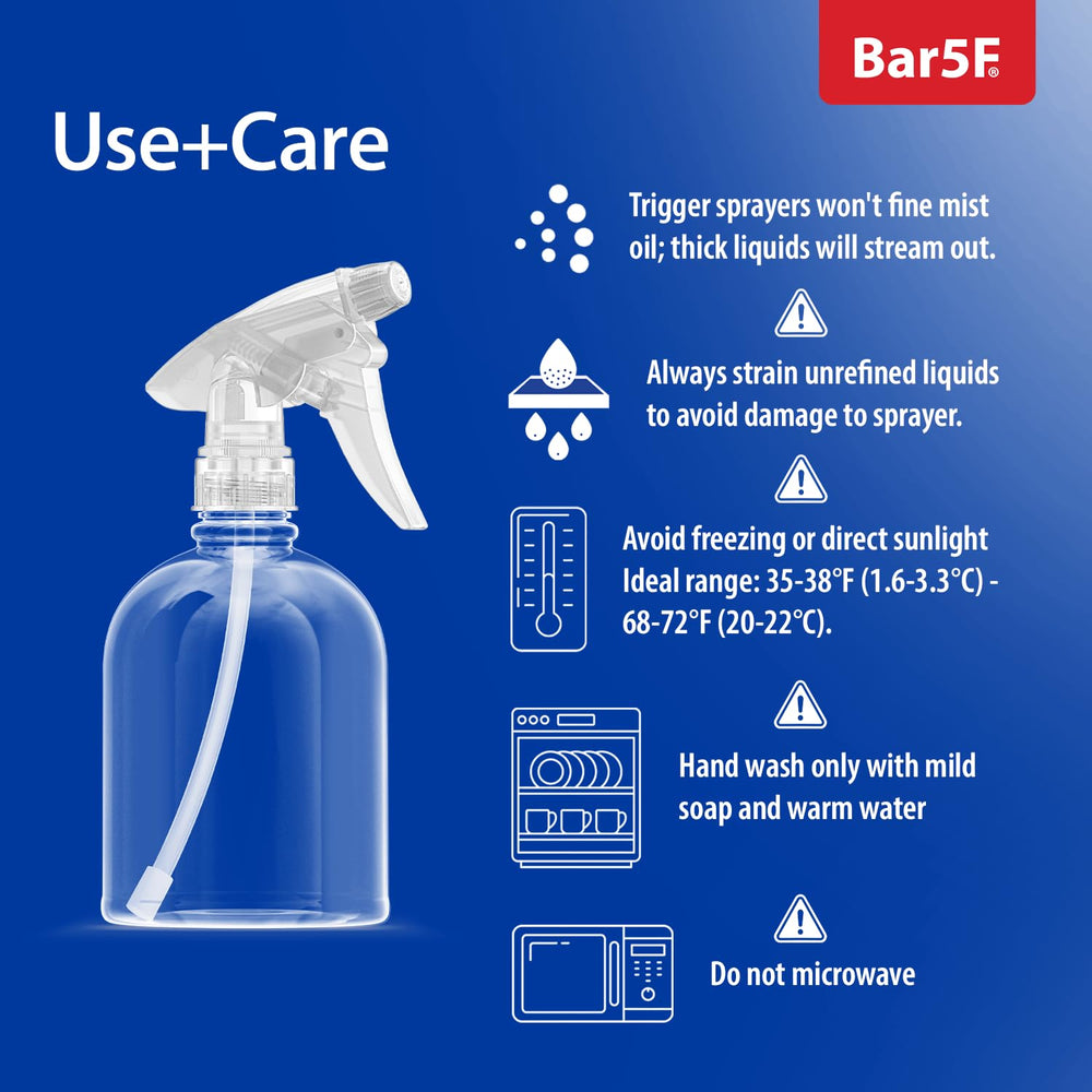 Bar5F crystal-clear bottle close-up highlights transparent body for solution visibility.