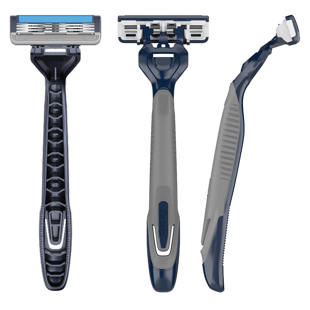 Barbasol Ultra 3 razor with no-slip grip for secure handling