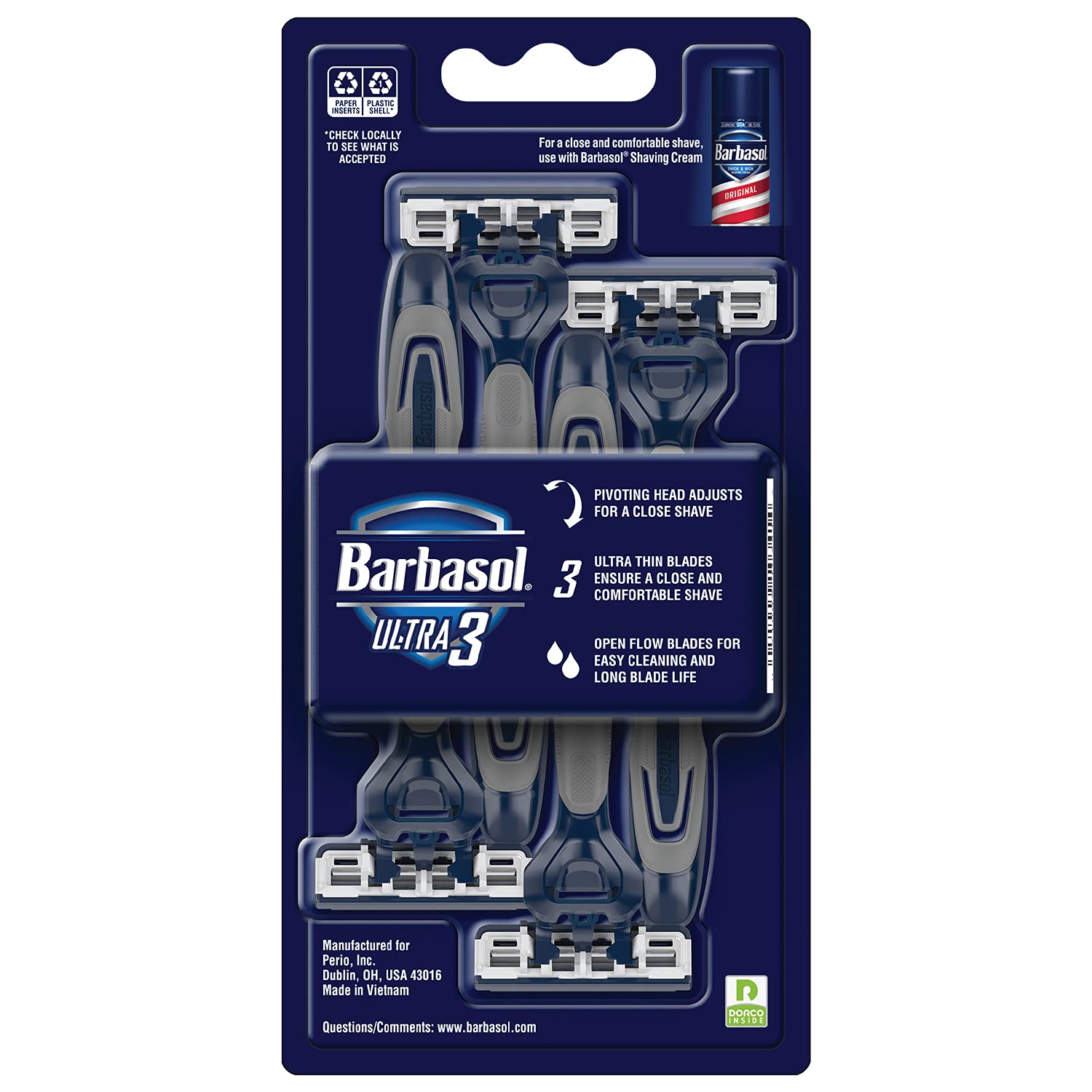 Barbasol Ultra 3 razor pivoting head for a closer, comfortable maneuver