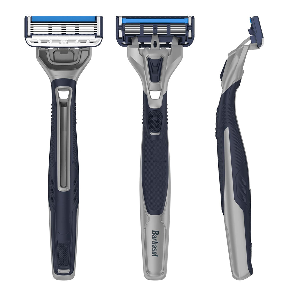 Barbasol Ultra 6 Plus diseño ergonómico para agarre cómodo.