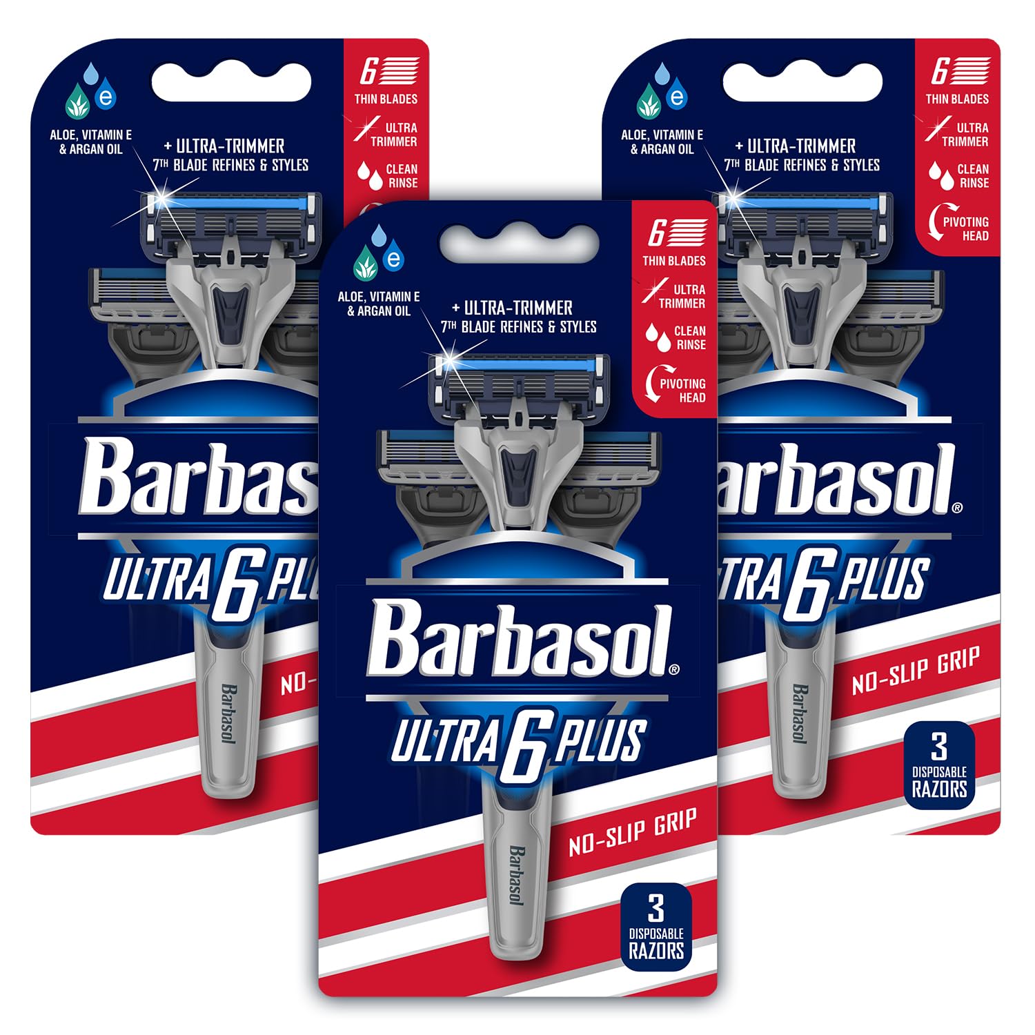 Barbasol Ultra 6 Plus hojas de flujo abierto para limpieza fácil.