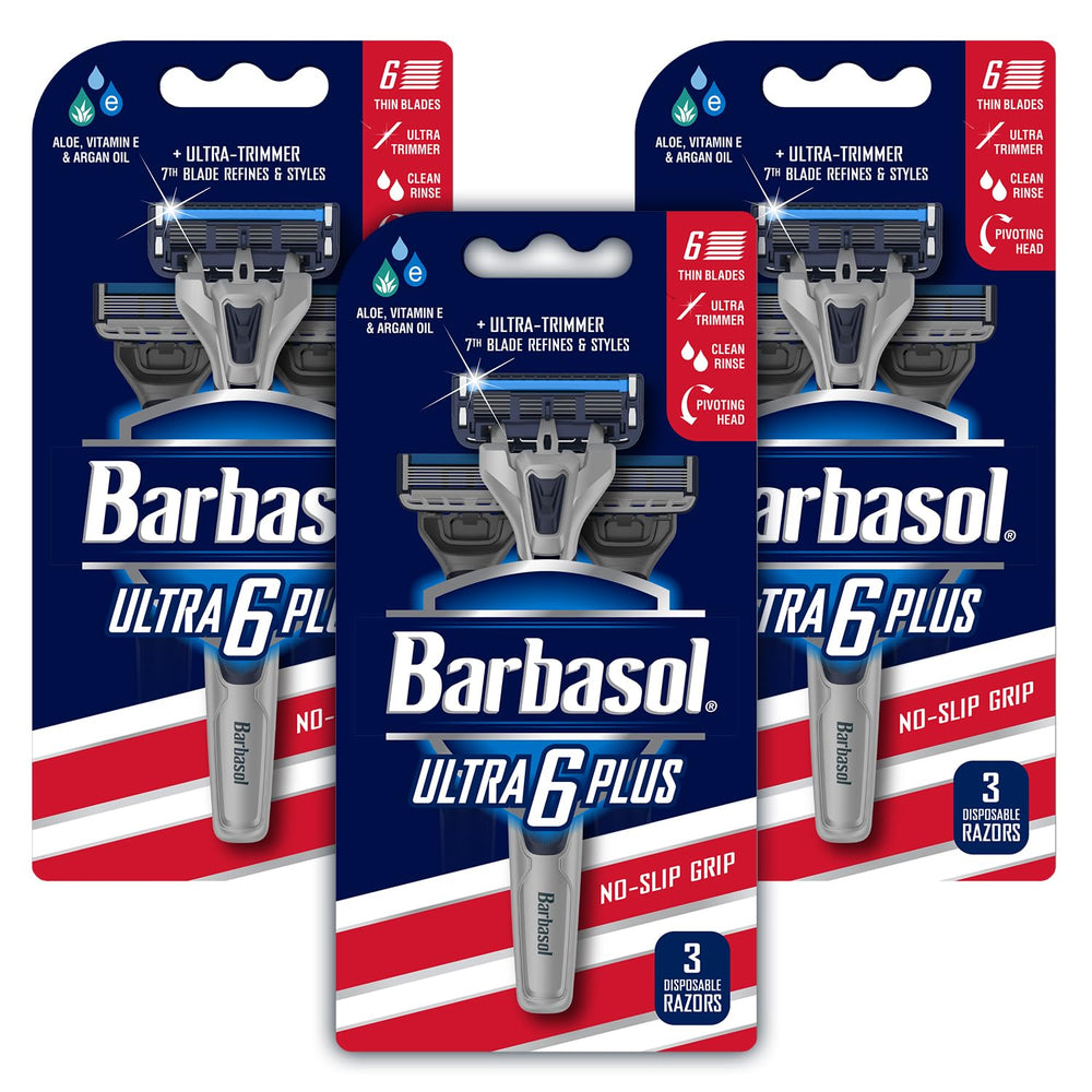 Barbasol Ultra 6 Plus hojas de flujo abierto para limpieza fácil.