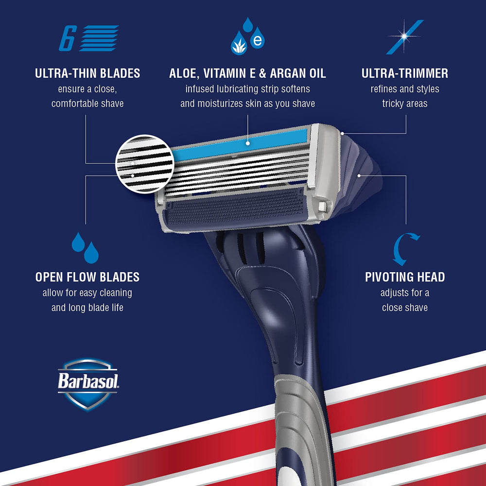Barbasol Ultra 6 Plus nine-razor value pack ready for consistent grooming.