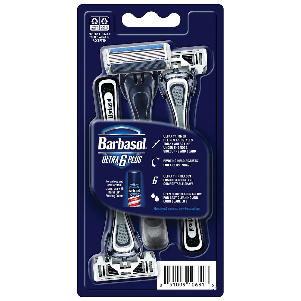 Barbasol Ultra 6 Plus pivoting head for contour-following, comfortable shaving.