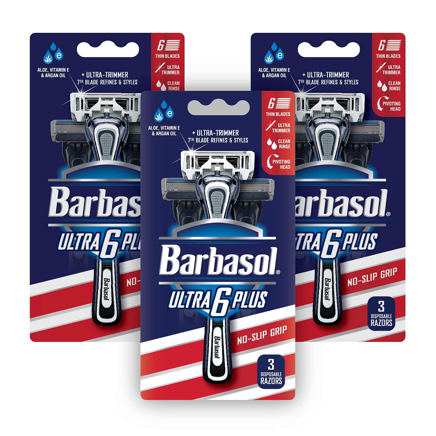 Barbasol Ultra 6 Plus with UltraTrimmer 7th blade for precise edging.