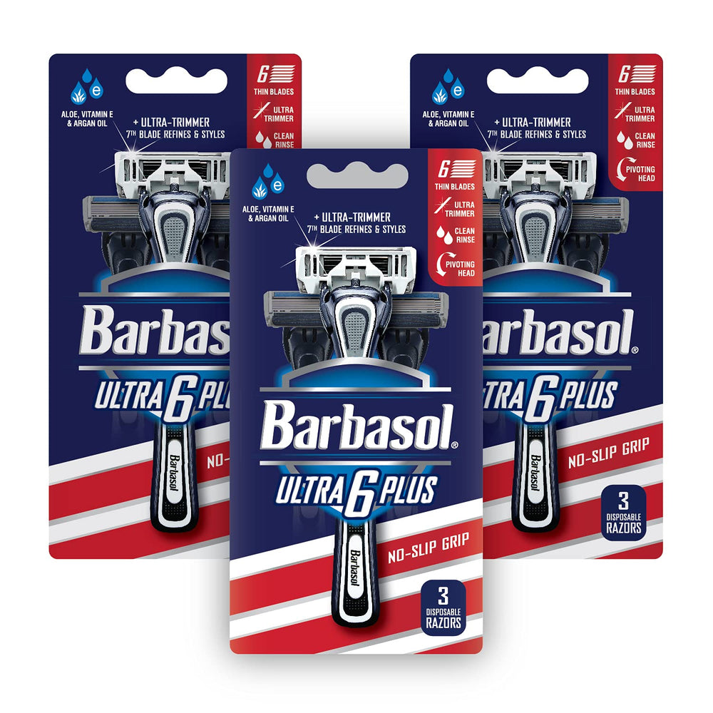 Barbasol Ultra 6 Plus with UltraTrimmer 7th blade for precise edging.