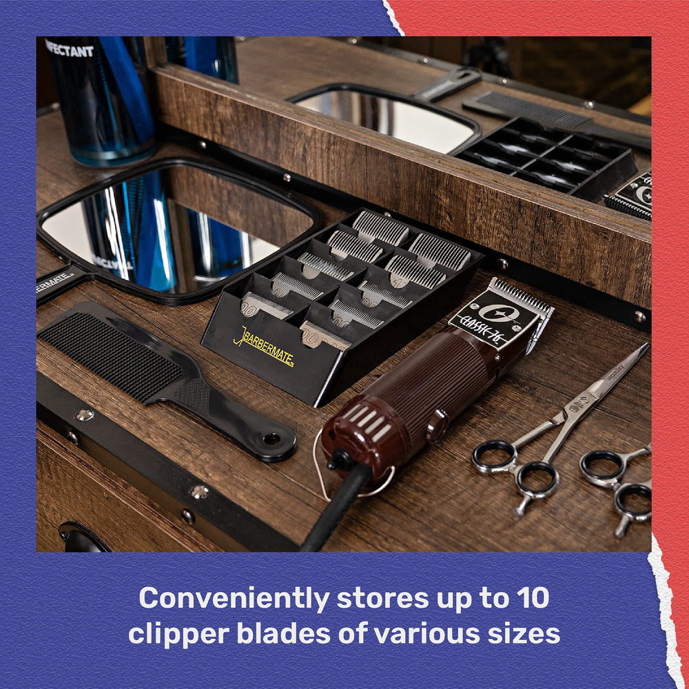 BarberMate blade rack offers organized storage for up to 10 blades at a glance.