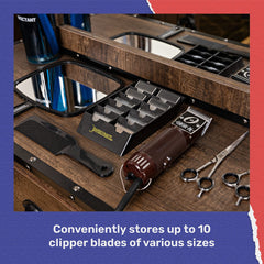 BarberMate blade rack offers organized storage for up to 10 blades at a glance.