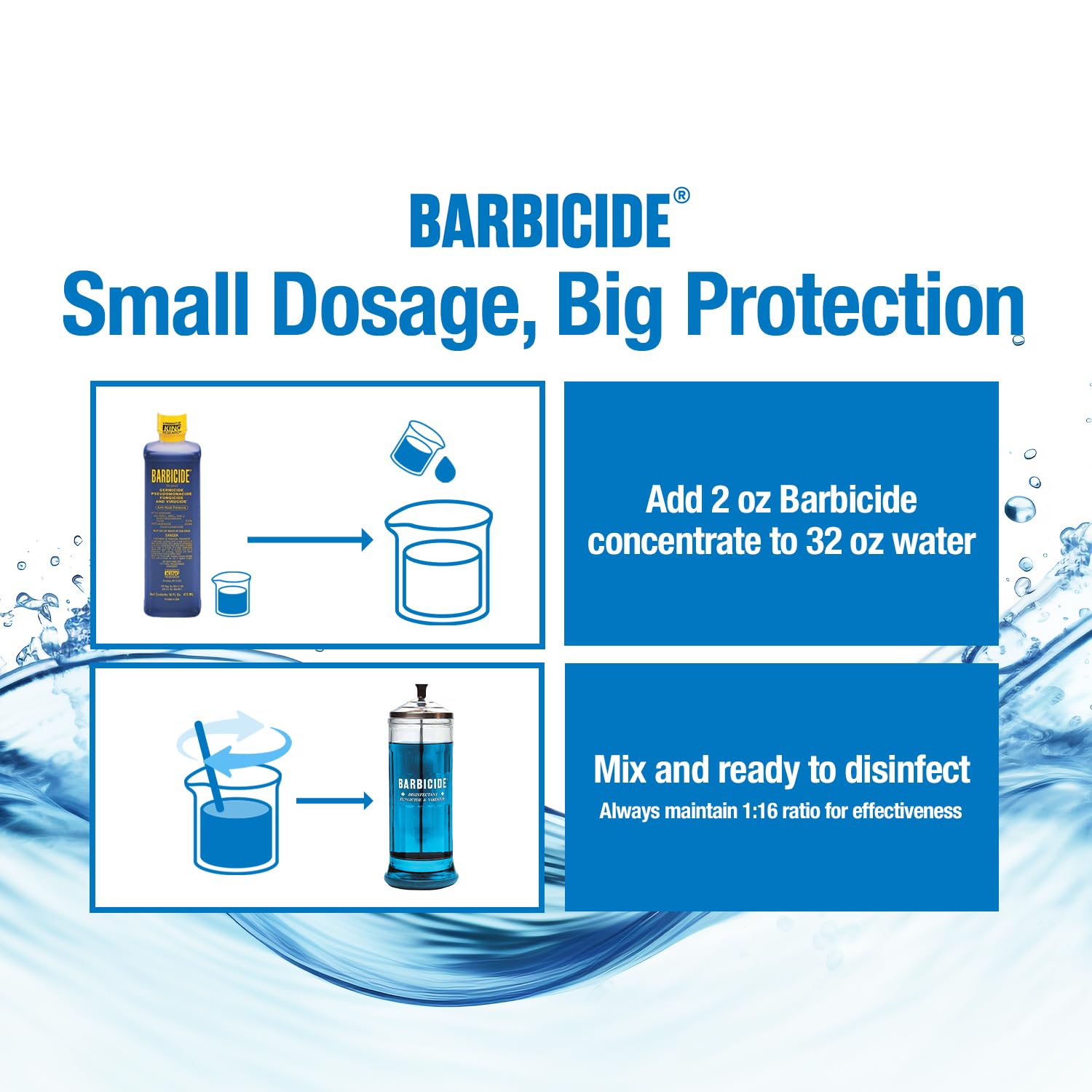 BARBICIDE disinfecting jar fits full-size combs, brushes, and clippers for convenient sanitation.