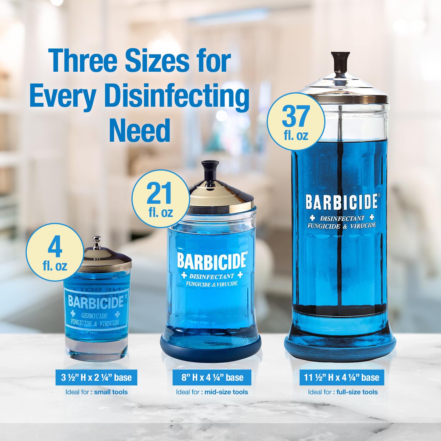 BARBICIDE disinfecting jar shows stainless cap and basket for safe tool handling.