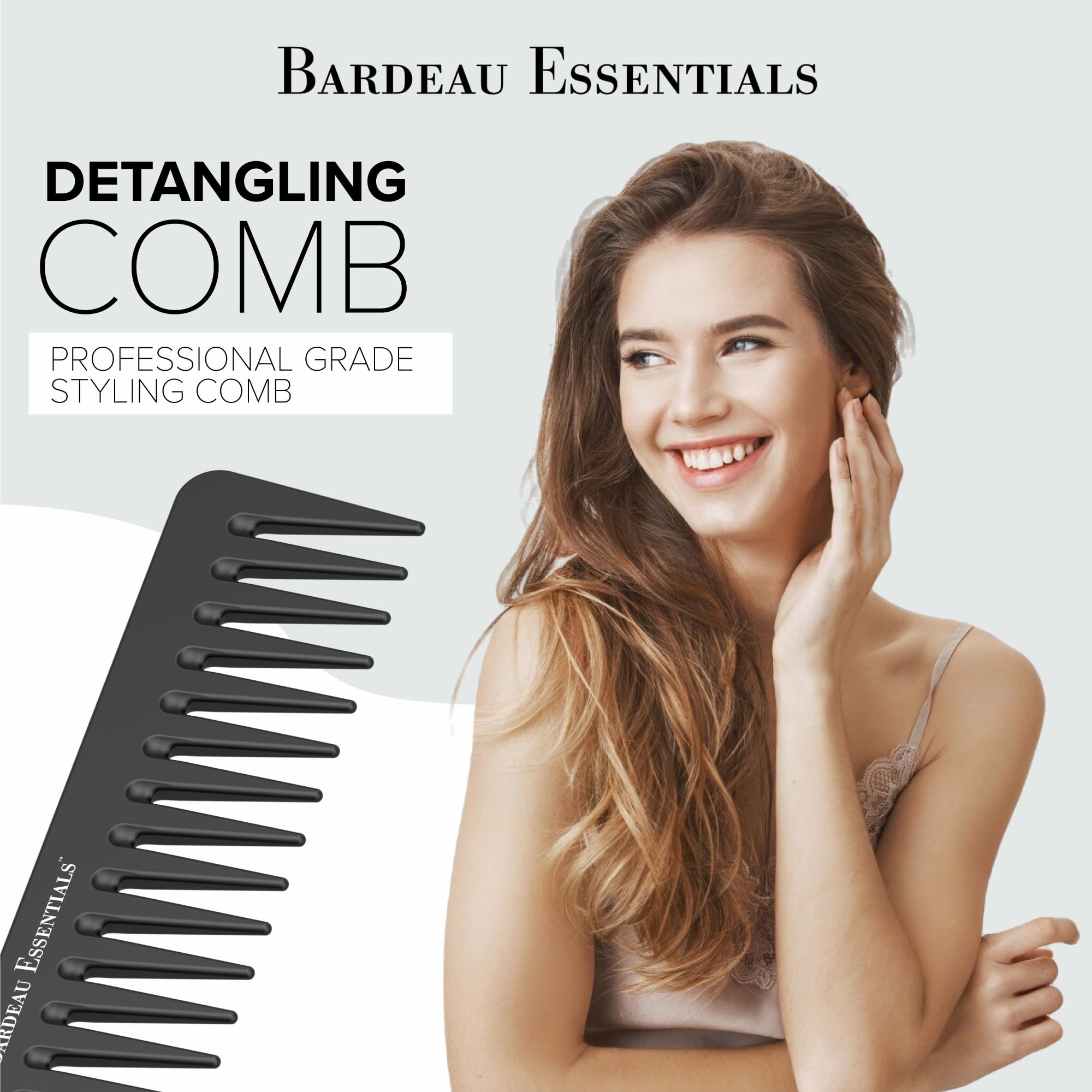 Bardeau Essentials detangling comb demonstrates a silky glide for all hair types.