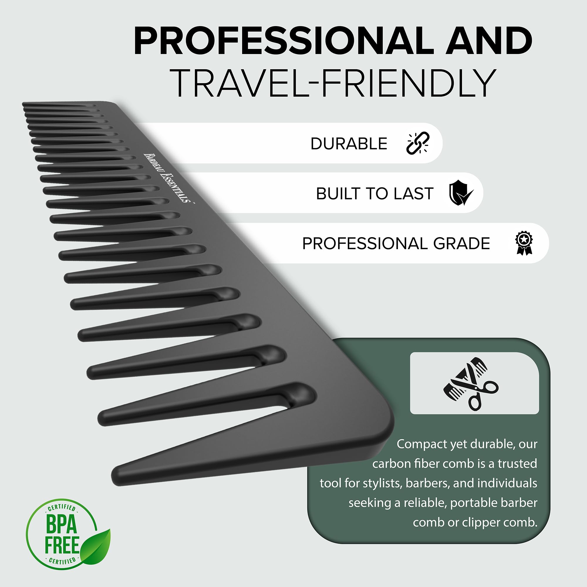 Bardeau Essentials travel-friendly carbon fiber comb resting in a bag for on-the-go grooming.