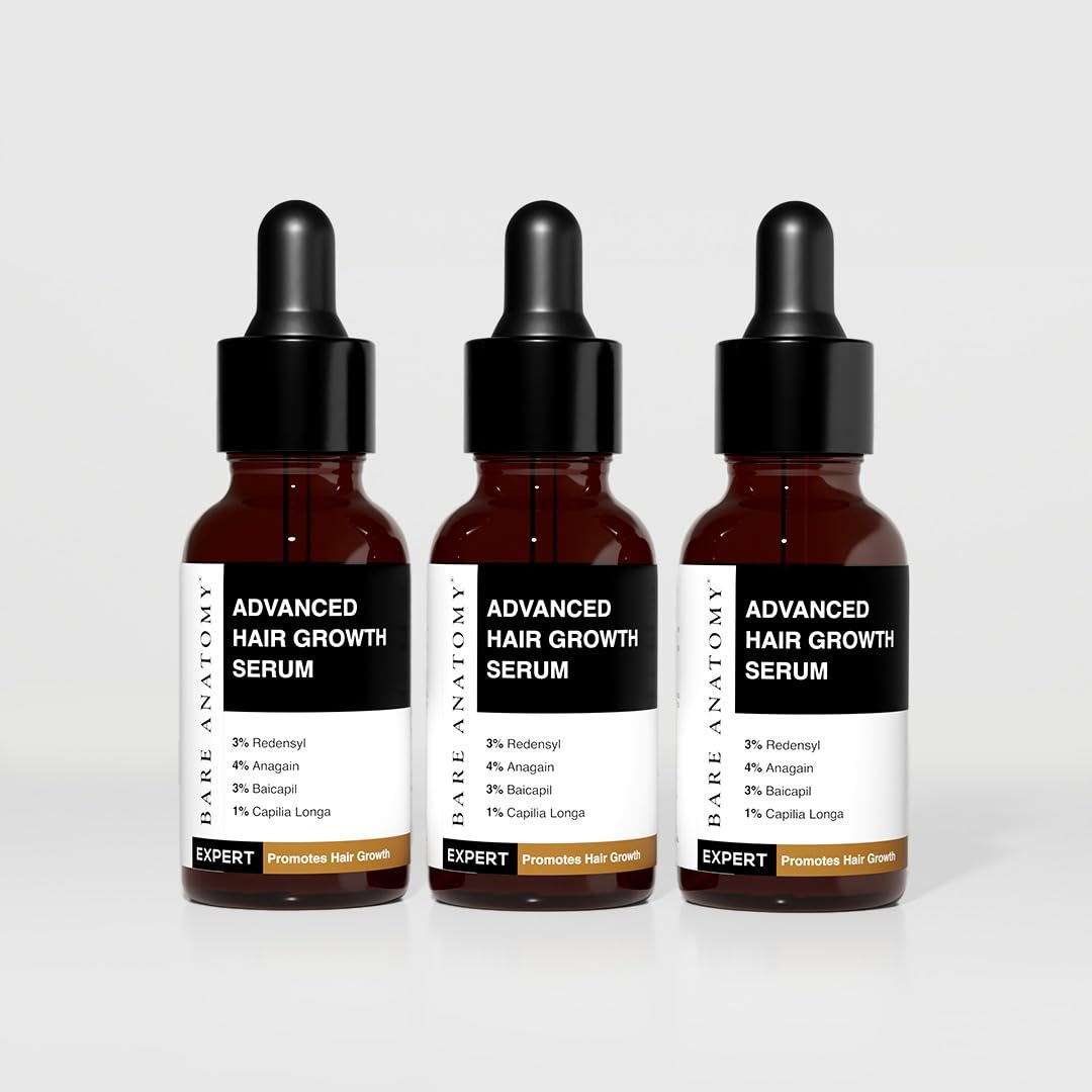 Bare Anatomy advanced hair growth serum bottle pour for precise scalp application