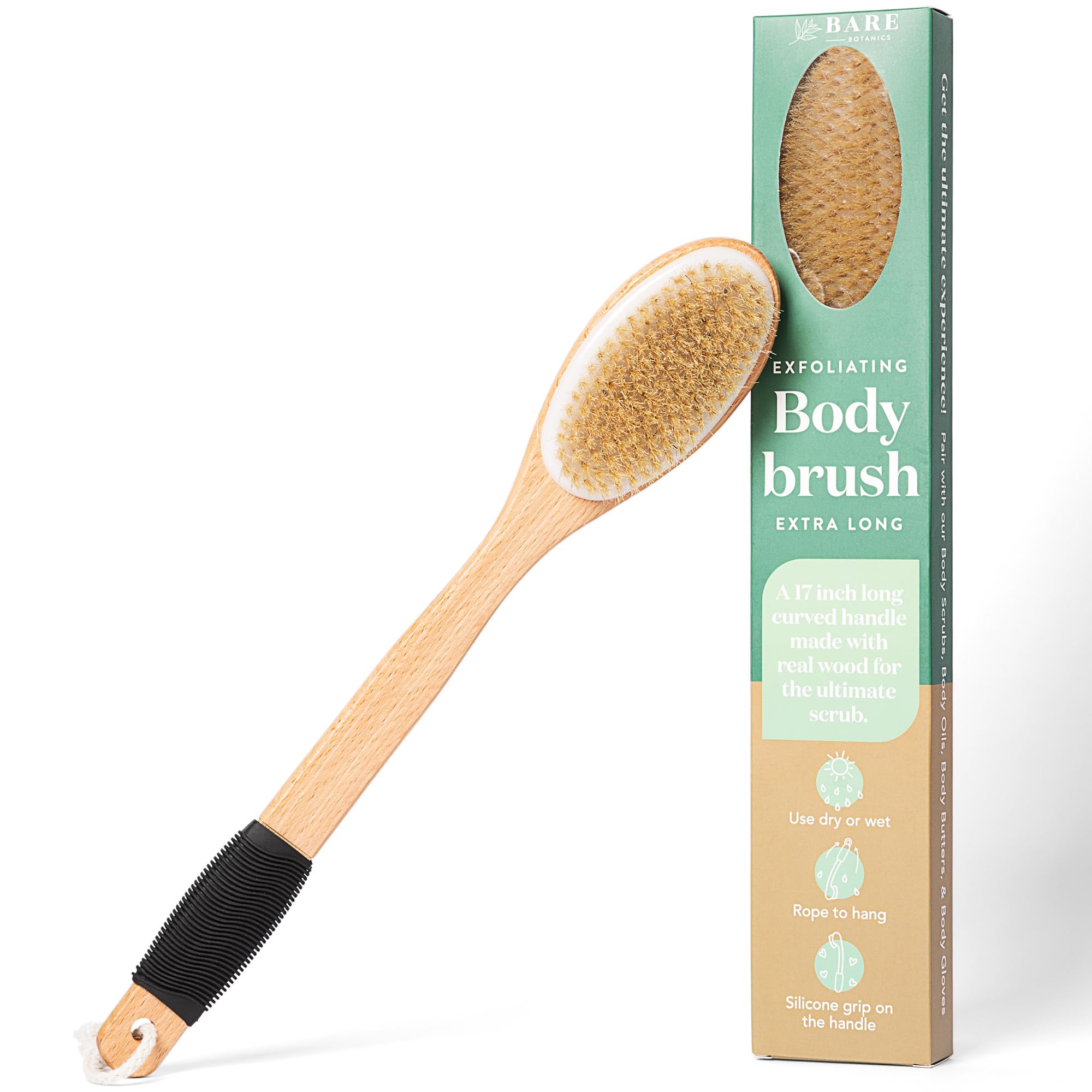 Bare Botanics 17in dry brush with ergonomic handle reaches back for thorough exfoliation.