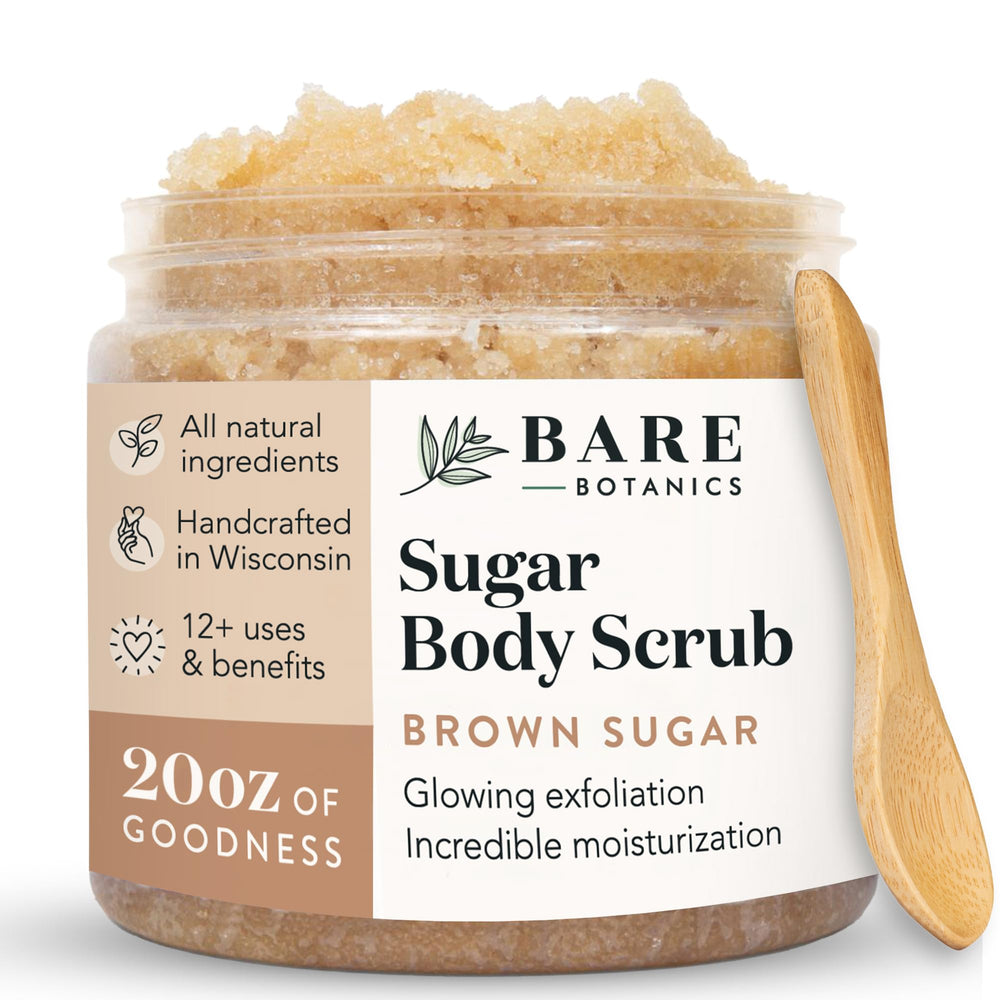Bare Botanics Brown Sugar Scrub jar front for exfoliation and glow.