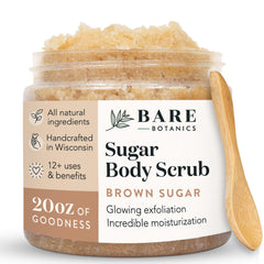 Bare Botanics Brown Sugar Scrub jar front for exfoliation and glow.