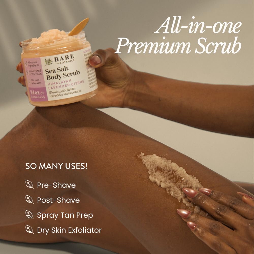 Bare Botanics Brown Sugar Scrub label closeup highlighting vanilla-coconut scent.