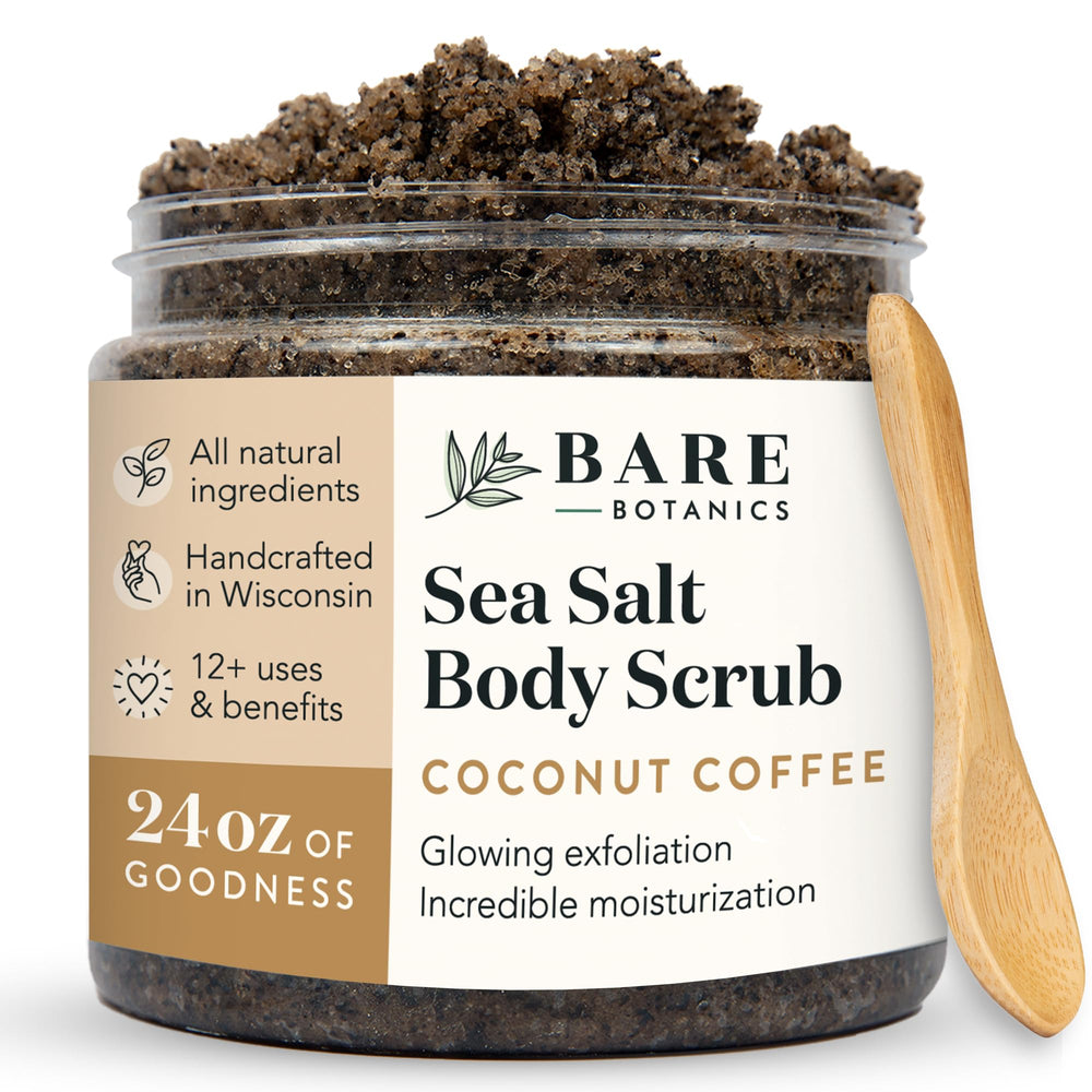 Bare Botanics coconut coffee scrub jar showing exfoliating sea salt and coffee aroma.