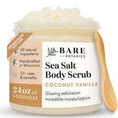 Bare Botanics coconut vanilla body scrub jar ready for exfoliation and moisturized skin