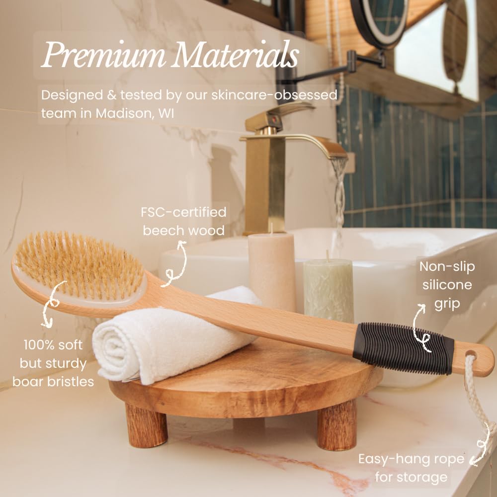Bare Botanics back-scrubber with 17-inch reach helps access hard-to-reach areas.