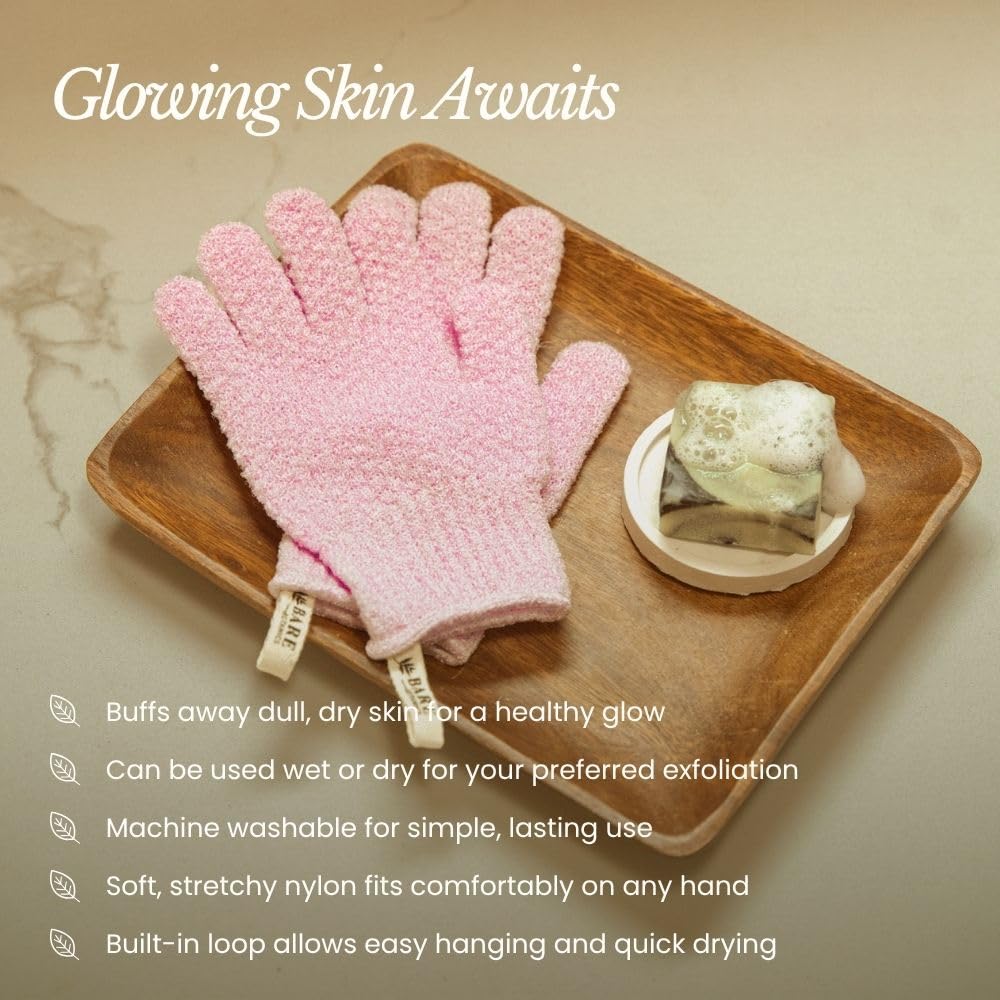 Bare Botanics lavender exfoliating gloves for dry use reveal smoother skin through exfoliation