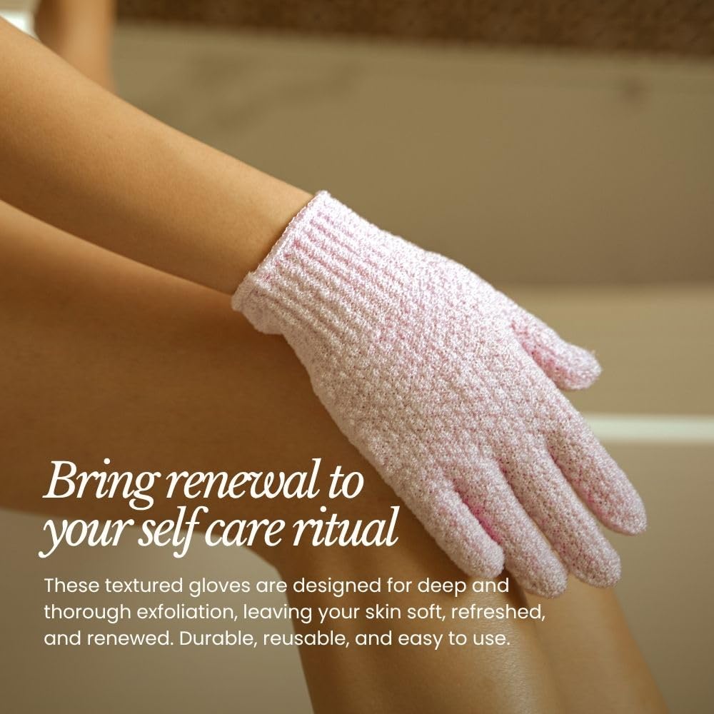 Bare Botanics lavender exfoliating gloves in wet use enhance shower cleansing with body wash