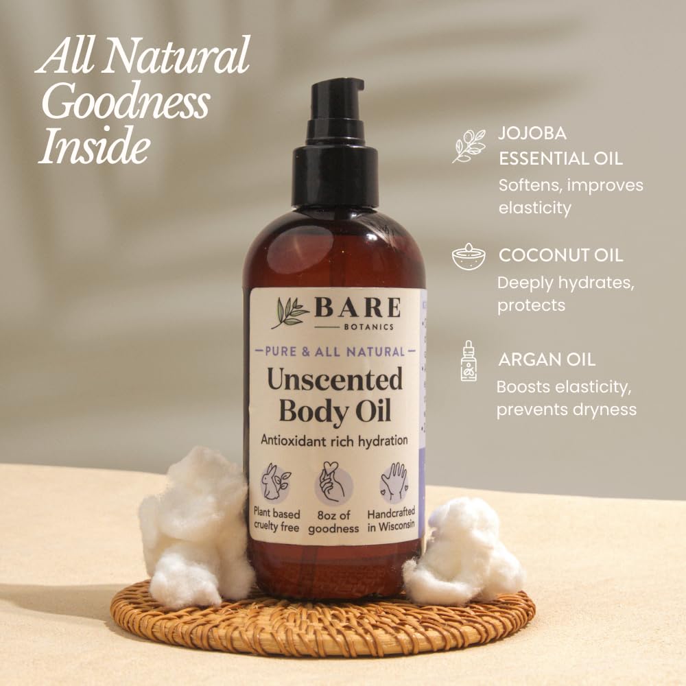 Bare Botanics unscented body oil after-shower glow on damp skin.