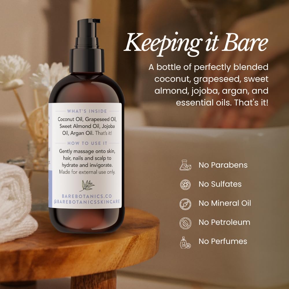 Bare Botanics unscented body oil hand-pour setup showing control.