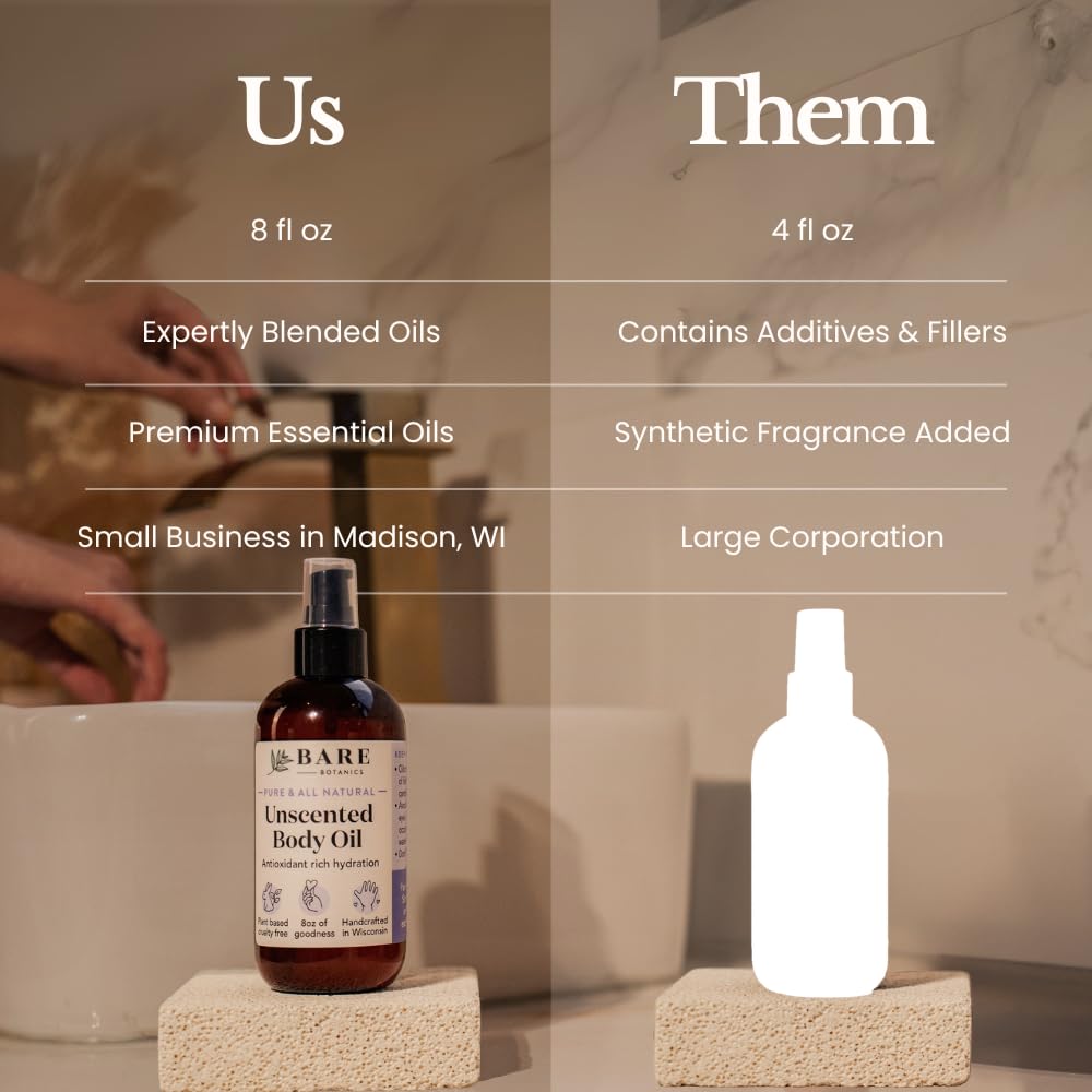 Bare Botanics unscented body oil natural ingredients and nourishment.