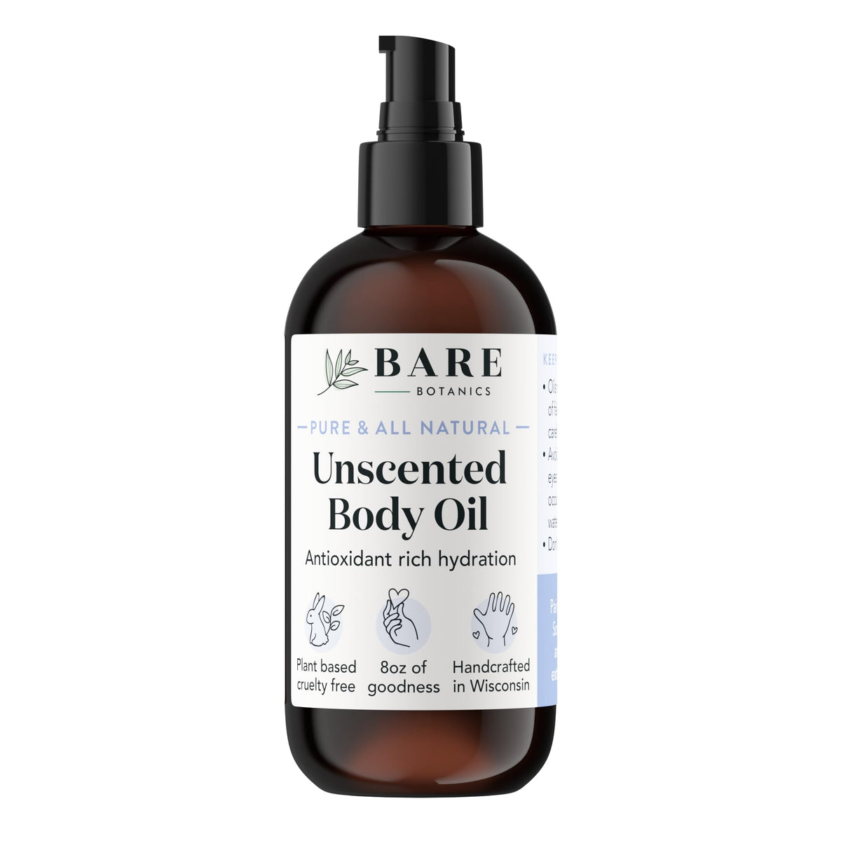 Bare Botanics unscented body oil pump bottle delivering deep hydration.