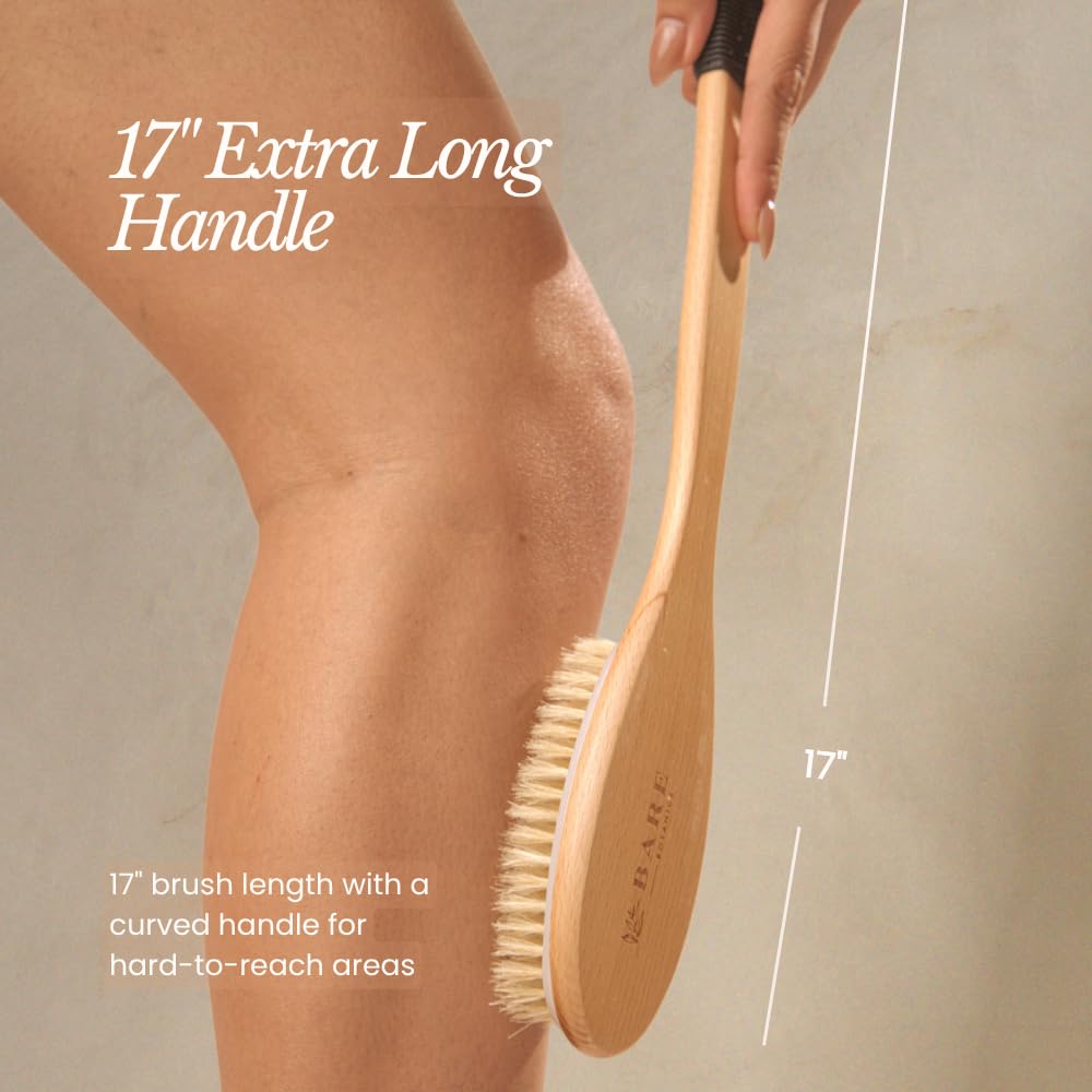 Bare Botanics brush features a silicone grip for secure, comfortable shower use.