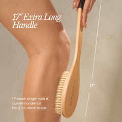 Bare Botanics brush features a silicone grip for secure, comfortable shower use.
