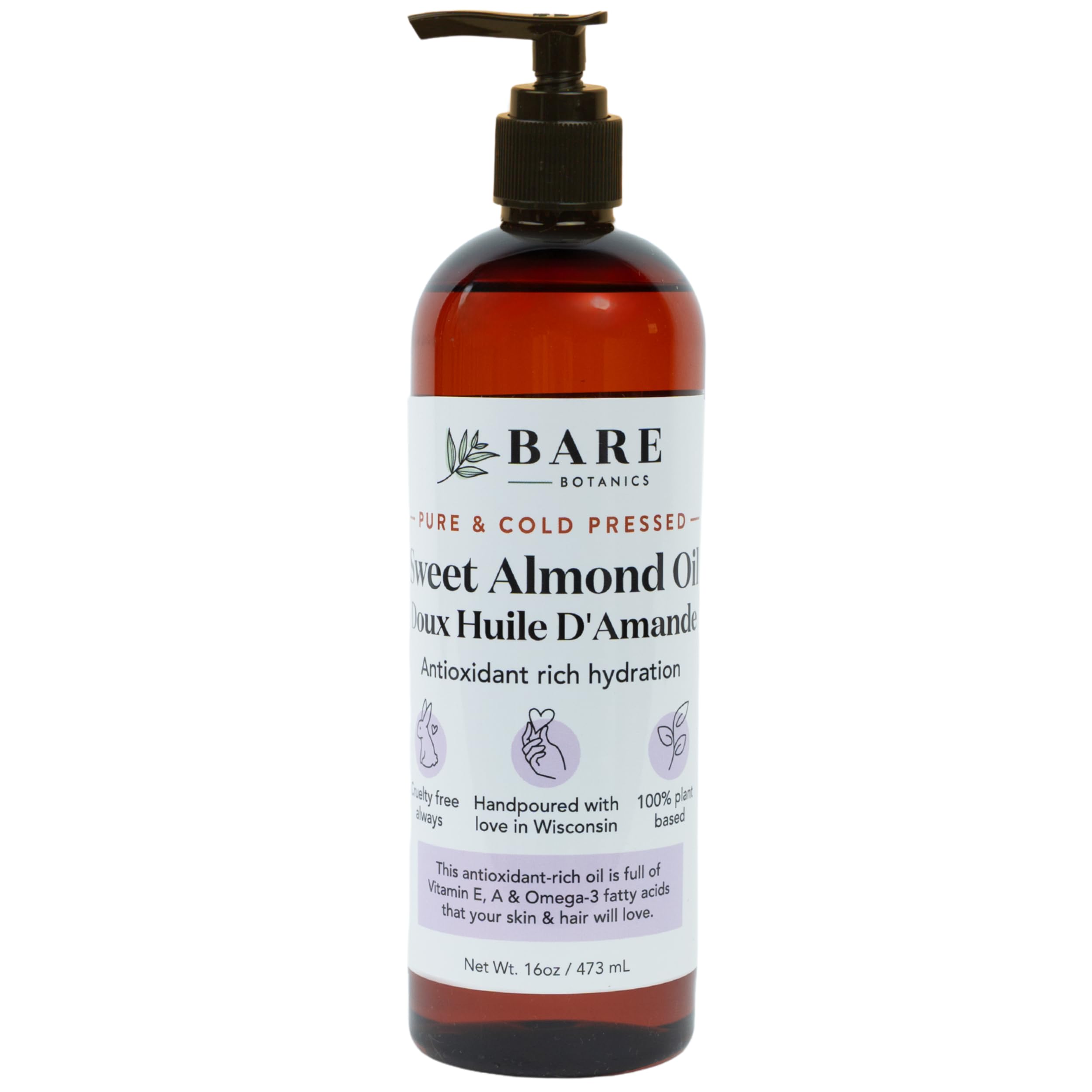 Bare Botanics sweet almond oil 16oz bottle with quick, deep hydration for skin and hair.