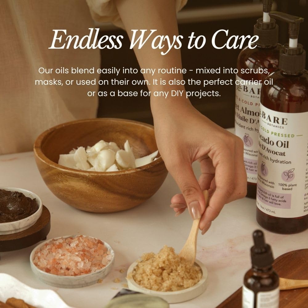 Bare Botanics hair-care almond oil nourishes strands and adds shine.