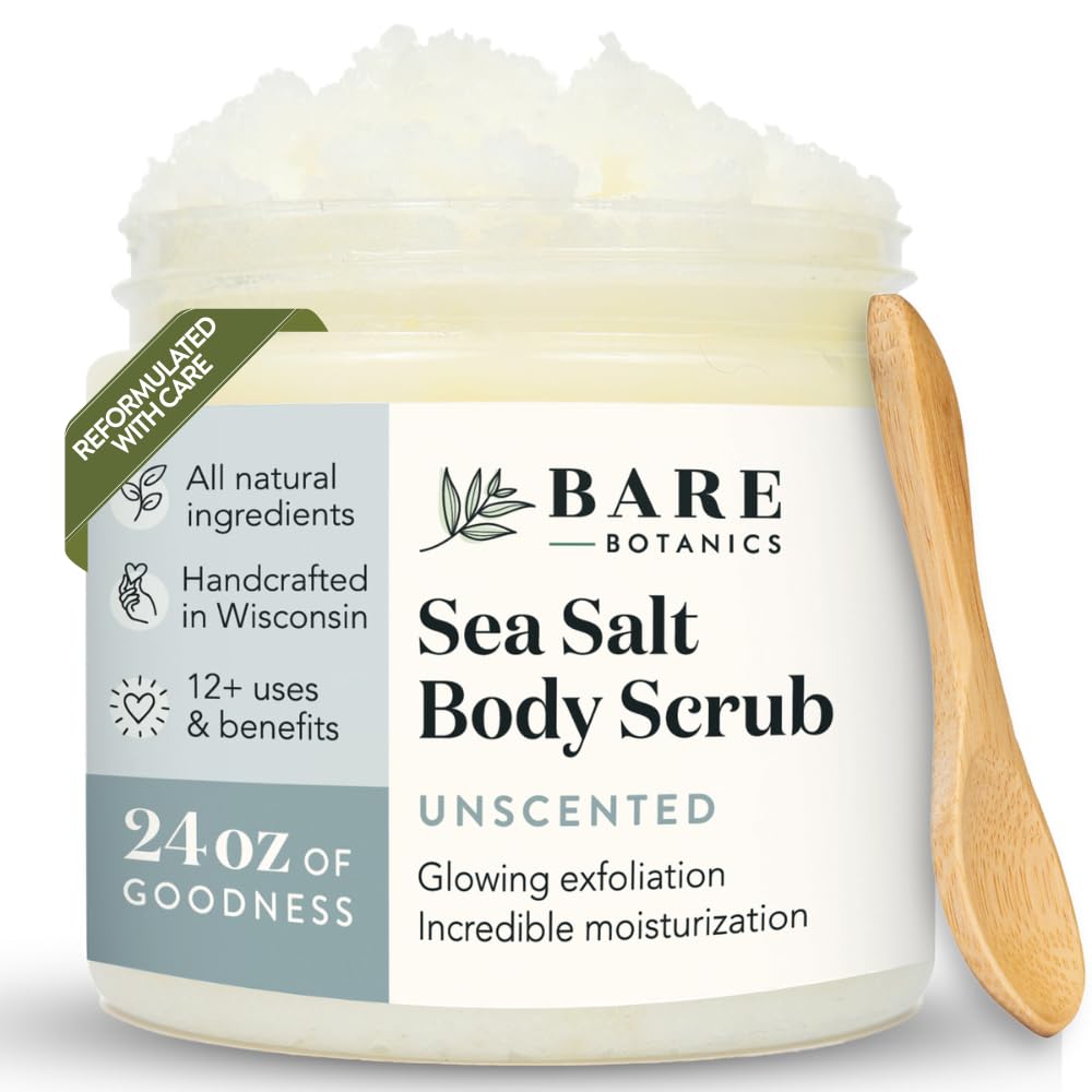 Bare Botanics unscented body scrub jar with sea salt exfoliation for smoother skin.