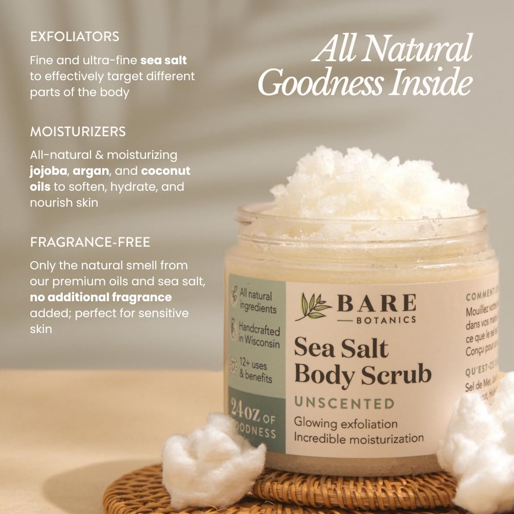 Bare Botanics unscented body scrub spoon showing convenient wooden scoop.
