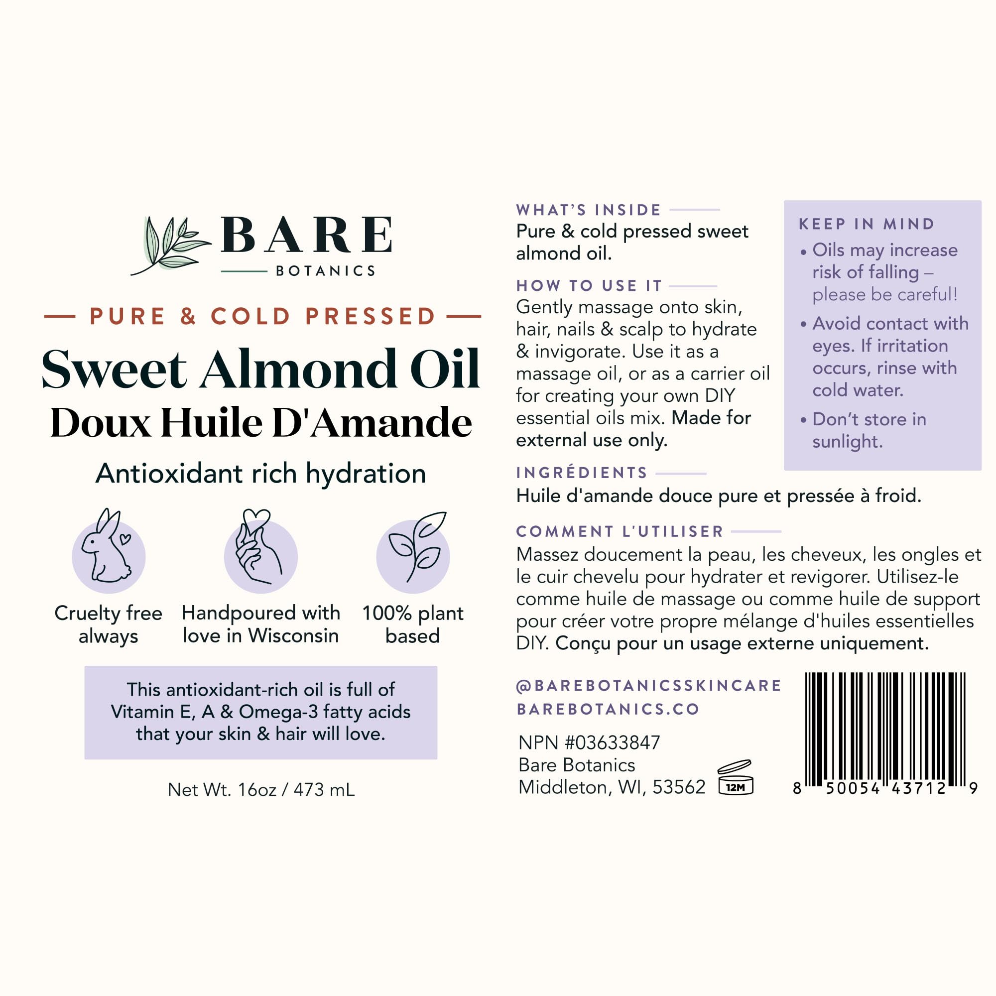 Bare Botanics wisconsin-handpoured bottle reflects artisanal almond oil quality.