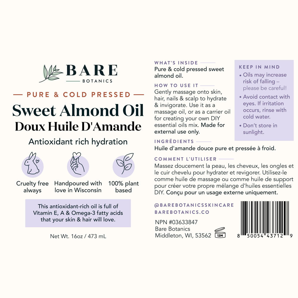 Bare Botanics wisconsin-handpoured bottle reflects artisanal almond oil quality.