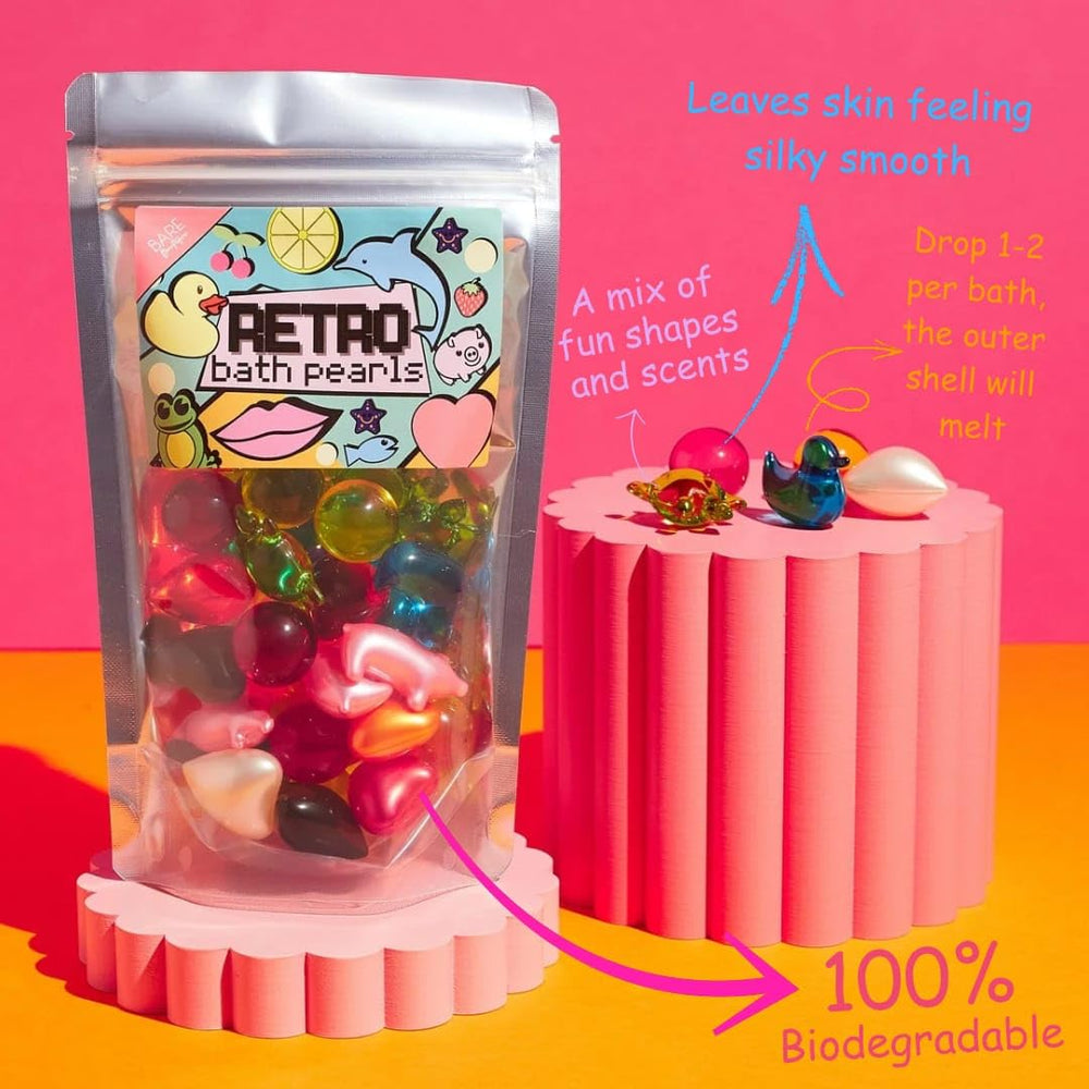 Bare Boutique retro bath beads close-up showing animal shapes and hearts