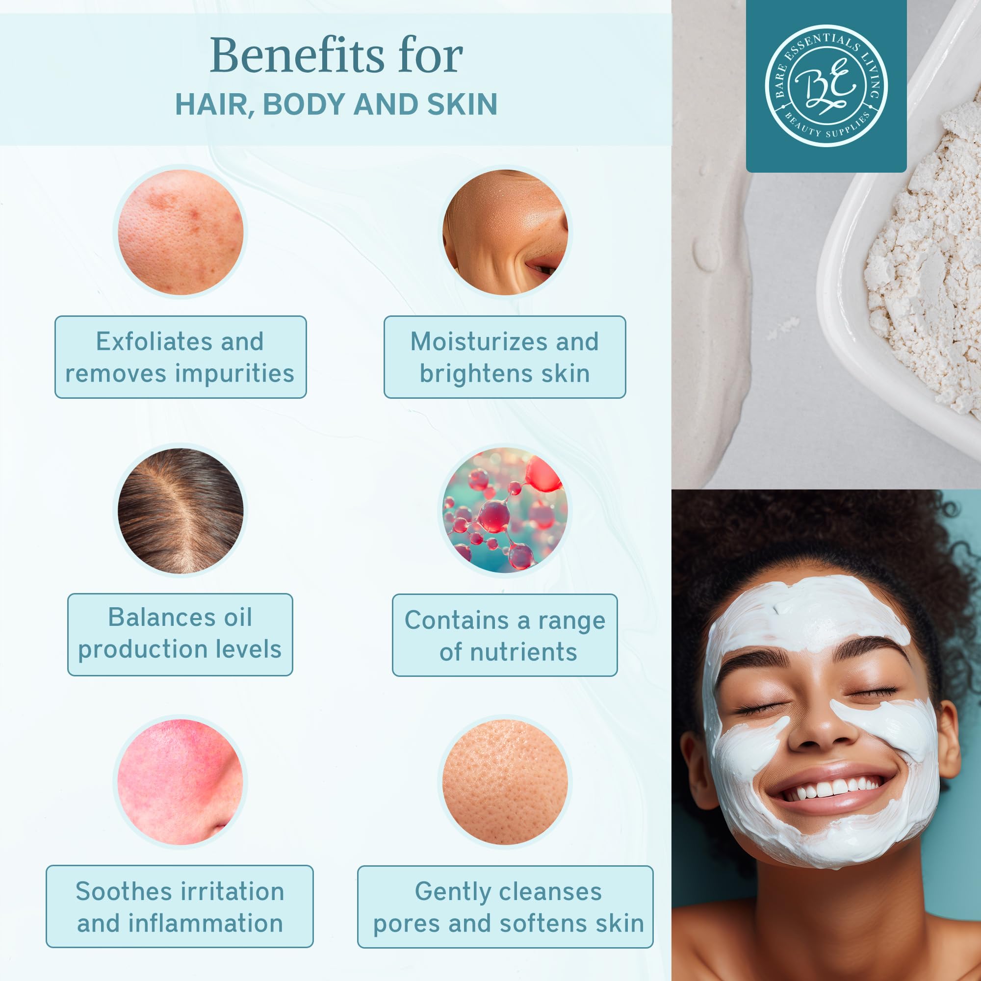 Bare Essentials Living white kaolin clay powder face mask mix ready to apply.