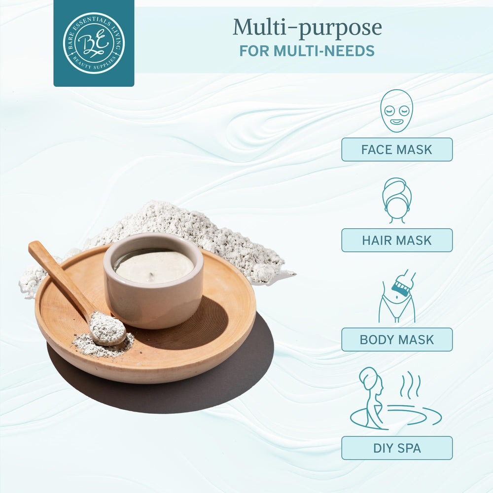 Bare Essentials Living white kaolin clay powder texture closeup for smooth application.