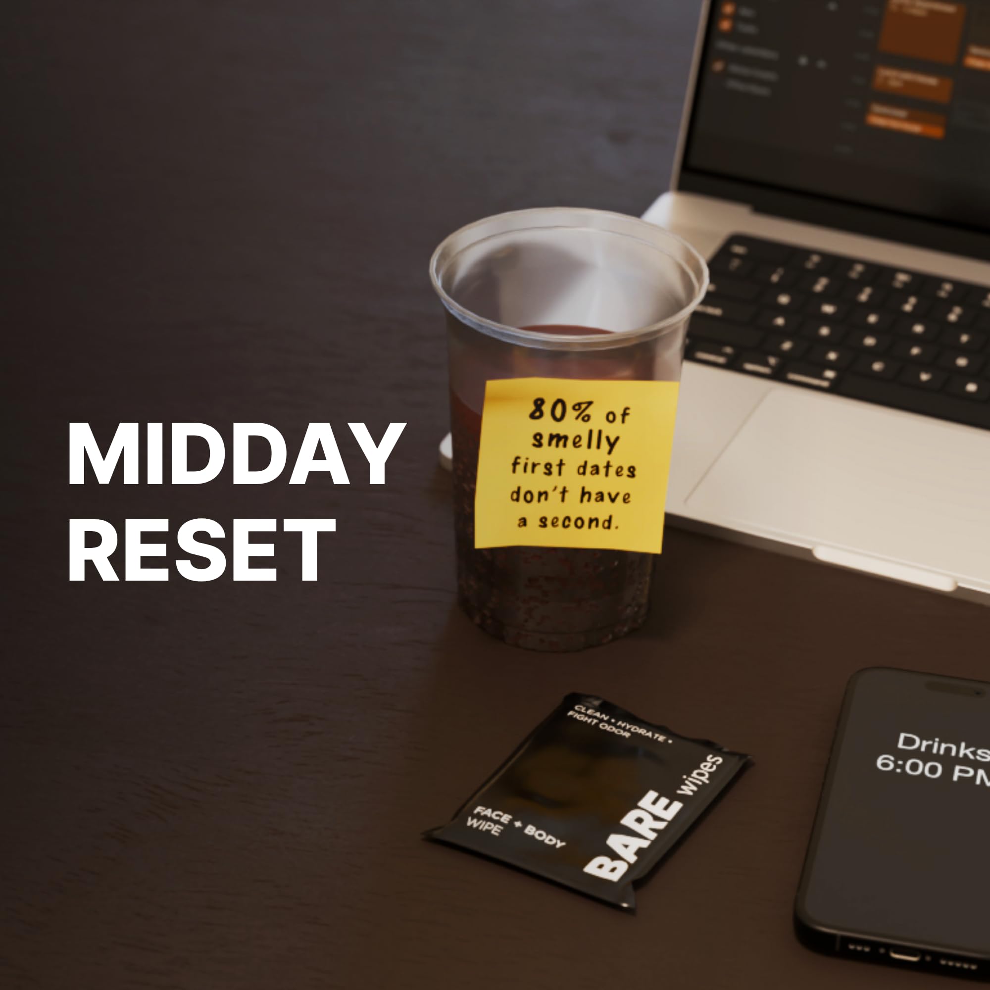 Bare Wipes late-night-pre-meeting scenario cleans up quickly and boosts confidence