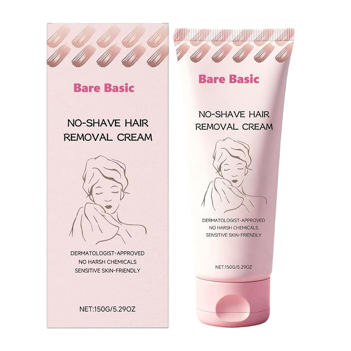 Bare Basics No Shave Cream bottle pour demonstrates fast hair removal
